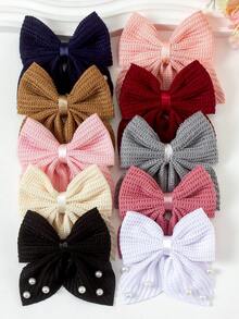 8pcs Random Multi-Color Waffle Pearl Bow Hair Clips, Vintage Soft Girl Daily Versatile Hair Accessories - Multicolor - View 2