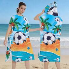 1pc Summer Football Beach Surfing Hooded Cloak, Changing Robe, Ultra-Soft Wearable Beach Towel, For Surfing, Swimming, Bathing, Outdoor Sports, Adult Hooded Towel Cloak Robe - Summer Football Beach - View 2