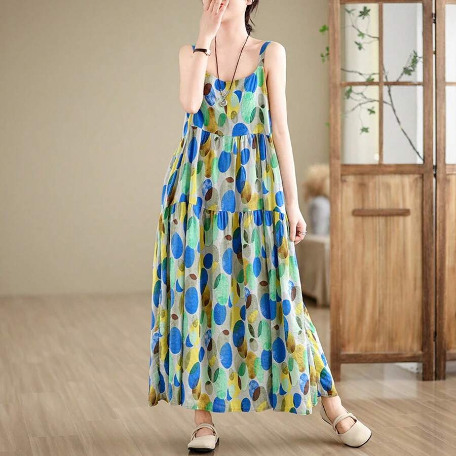 Vestido largo holgado de algodón y lino, cintura alta, fino y cómodo, talla grande, vestido estampado con tirantes para mujer... - 91715 color de imagen - Ver 1