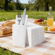 100pcs White Linen Texture Disposable Paper Napkins With Built-In Cutlery Pockets - Super Absorbent, Suitable For Weddings, Parties, Christmas Decorations, Christmas Napkins, Christmas Table Decor, Elegant Table Settings For Holidays And Special Events, Party Utensils, Refined Table Decor, Cutlery Pocket Design - Multicolor - View 2
