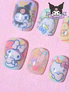 SANRIO 24片Y2K风格方形三丽鸥酷洛米美甲贴纸，图案包括可爱的Hello Kitty、酷洛米、蓝色酷巴兹丸、美乐蒂、布丁狗，以及星星和爱心设计，完美贴合人造指甲，适合女性和女孩日常使用。 - 彩色 - 查看 3