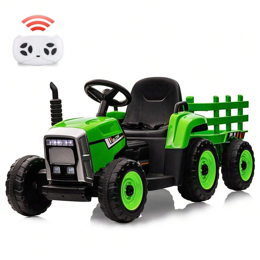 Soonbuy 12V Ride On Tractor With Trailer & Remote Control.Speed Up To 5mph.Toddler Electric Vehicle Car With LED Headlights.2+1 Gear Shift.MP3 Player.USB Port.For Kids 3-6,25W/ Trea D Tires.35W/EVA Tires - Green 25W - View 1