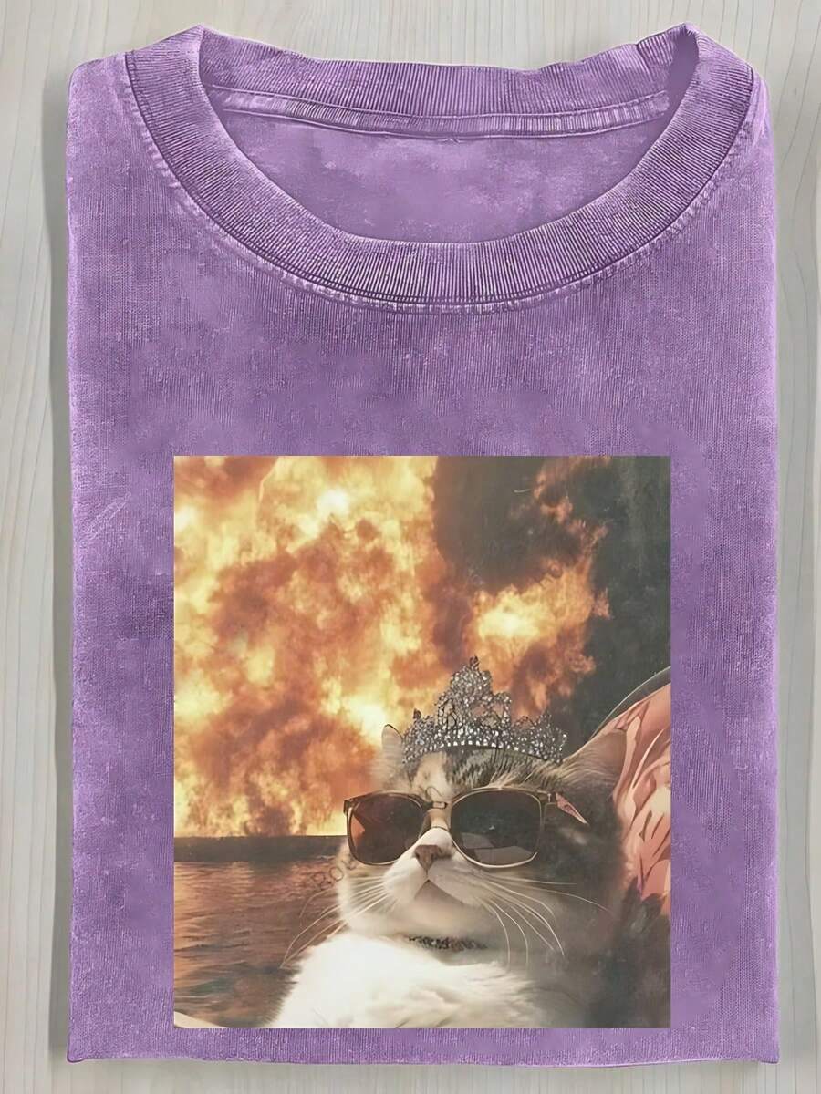 1pcsCute Cat Funny Graphic Graphic T-ShirtMen's Cotton T-Shirt, 230G Washed Short-Sleeve Suitable For Halloween, Christmas And Spring Festival Gifts - 紫色 - 查看 1