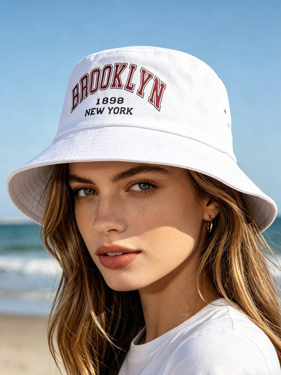 1 chiếc mũ tai bèo màu trắng kiểu dáng tiêu chuẩn với thiết kế BROOKLYN 1898 NEW YORK, mũ chống nắng unisex dành cho cả nam và nữ, phụ kiện cần thiết cho mùa hè, kỳ nghỉ, đi biển, du lịch. - Nhiều màu - Xem 1