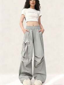 Pantalones casuales de estilo urbano para mujer con lazo de diseño, en color gris, nuevos para el verano, de cintura alta elástica y corte ancho - Gris - Ver 4