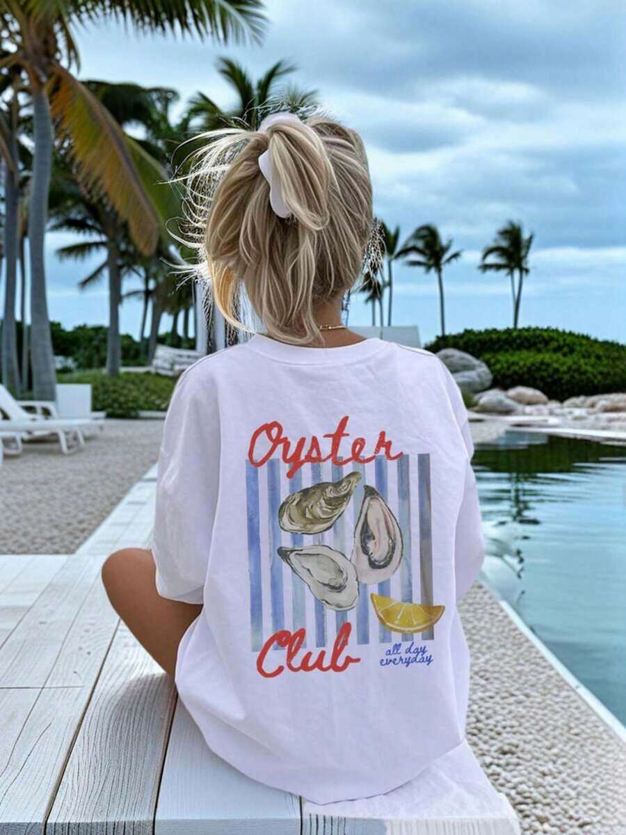 Women's Short-Sleeved T-Shirt, Gourmet Holiday Style, 100% Pure, Loose Fit, Decorative Striped Print "Oyster Club Oyster Lemon", Breathable, Sweat-Wicking, Island Holiday Top For Seafood Lovers, Letter Pattern, Summer Beach  For Adult Women, Women's Short Top. - White - View 1