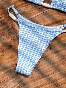 Bộ bikini hai mảnh kiểu bohemian thường ngày dành cho nữ năm 2026, chất liệu vải có họa tiết, thiết kế không gọng, thích hợp cho kỳ nghỉ biển. - Xanh và trắng - Xem 4