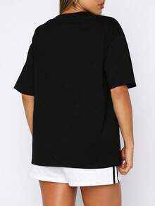 SUPEKYKO Camiseta deportiva para mujer talla grande, top de fitness estampado, cuello redondo holgado de manga corta, top atlético casual para yoga y streetwear - Negro - Ver 4