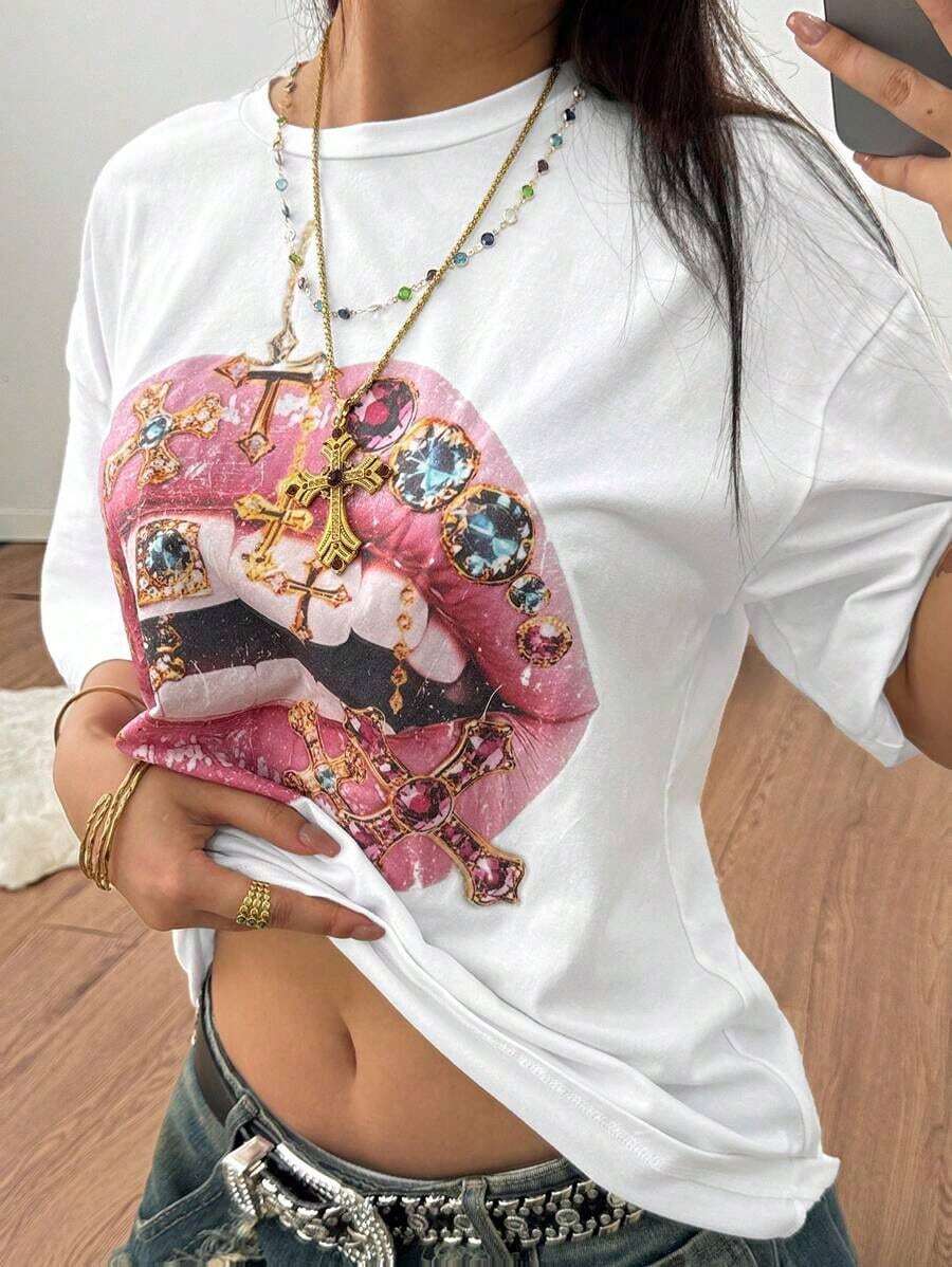 Women's Comfortable White Oversized T-Shirt, Y2K Style, Lip Print, Casual Style, Tropical Vacation, 2026 Fashion, Cute Style, Casual Style. 180g (Sizes S-XXXL) - 白色 - 查看 1