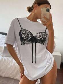 Camiseta De Mujer De Cuello Redondo Con DiseñO Estampado Y Nudo Delantero, Camiseta GráFica Diaria Casual Y Con Estilo - Blanco - Ver 3