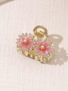 1pc Cute Pink Sakura Rhinestone Faux Pearl Metal Hair Clip, Suitable For Daily Wear Claw Clips Winter Hair Accessories Flower Hair Clip Summer Beach Vacay Hair Clips - Pink - View 5