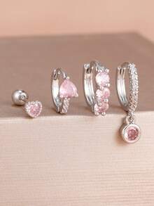 4 pièces/Set Boucles d'oreilles à percer en forme de cœur en zircone cubique rose, Boucles d'oreilles créoles minimalistes en acier inoxydable pour femmes, Bijoux minimalistes - 1-Argent-4PCS - Voir 1