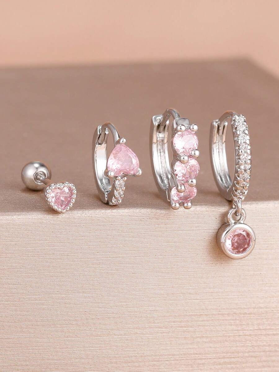 4 pièces/Set Boucles d'oreilles à percer en forme de cœur en zircone cubique rose, Boucles d'oreilles créoles minimalistes en acier inoxydable pour femmes, Bijoux minimalistes - 1-Argent-4PCS - Voir 1