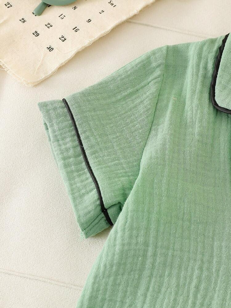 Baby Boy's Soft Cotton Pajama Set - Solid Color Short Sleeve Shorts Sleepwear, Collared, Cute Infant Pajama Set - Lime Green - View 5
