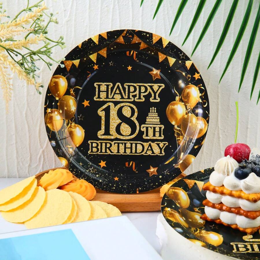 7/9 英寸生日快乐系列印花一次性纸盘，适用于生日庆祝、派对装饰、一次性派对用品、生日派对、礼物派对、庆祝活动等场合。 - 18歲生日快樂 - 查看 1