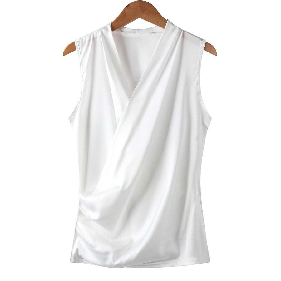 Nueva Blusa Sin Mangas de Satén Suave para Mujer, Top con Cuello en V, Corte Ajustado, Camisas para Usar por Fuera - BLANCO - Ver 1