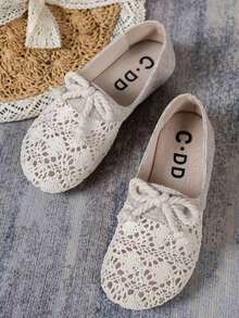 Linen Summer Mesh Shoes New Loafers Bow Knot Woven Women Hollow Flat Shoes, Fashion Comfortable Lightweight Casual Slip-On Flat Shoes Suitable For Daily Commute And Outdoor Wear, Ballet Shoes - 卡其色 - 查看 3