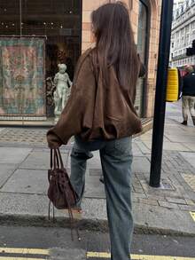 Women's Bomber Jacket, Spring Coat, Loose Long Sleeve Zipper Retro Jacket, New Style Jacket, Green Outerwear - Khaki - View 4