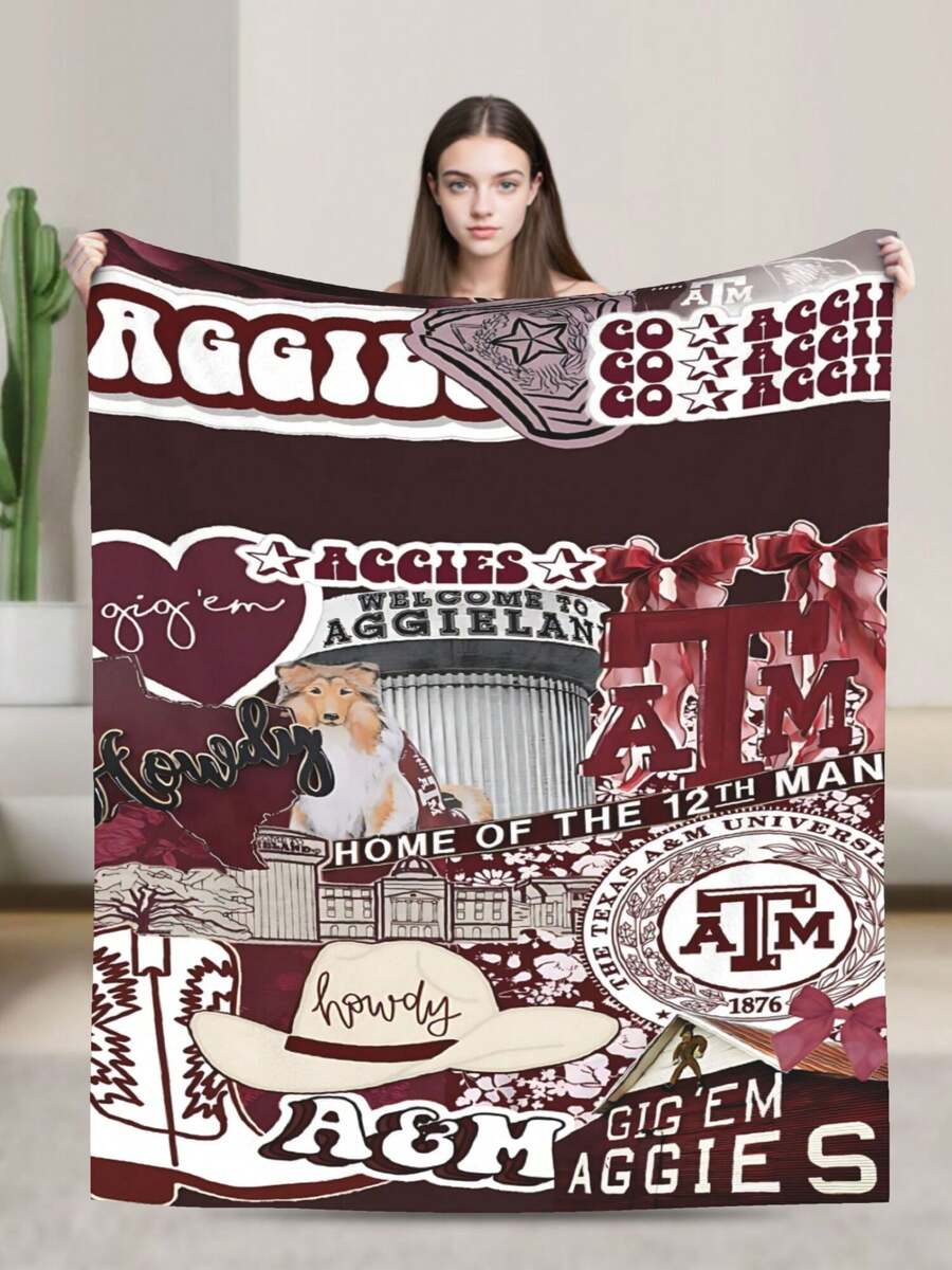 Texas A&M Merch Aggies Throw Blanket Warm Blankets Breathable Air Conditioner Blanket For Car Classic Outdoor Blankets For Picnic For All Season - màu đen - Xem 1