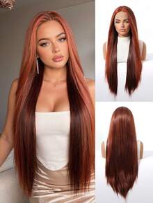 30 Inch Ombre Ginger Red 13x4 Lace Front Wig For Women Long Straight Synthetic Hair Wig Pre Plucked Natural Hairline Heat Resistant Glueless Hair Wig For Daily Party Cosplay Natural Looking Lightweight Breathable Realistic Hairline Easy Install - 挑染紅色 - 查看 3