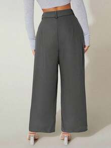 Pantalones de vestir de cintura alta y pierna ancha de 100% algodón para verano - Gris - Ver 2