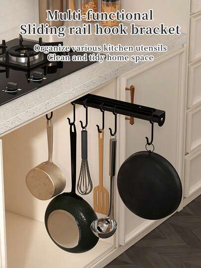 Ganchos para utensilios de cocina con riel deslizante, estante colgante multifuncional debajo del gabinete, organizador de cocina de gran resistencia para ollas, sartenes, cucharas, estante de ganchos debajo del gabinete, colgador de almacenamiento de utensilios de cocina
