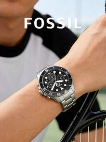 Fossil FS5725/FS5726 FB-03 男士计时腕表，46毫米黑/绿表盘，银色不锈钢表带，3个小表盘，夜光指针，矿物水晶表镜，石英机芯，日期显示，运动商务风格，男士礼品 - 黑色 - 查看 2
