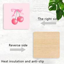 4pcs/Set Pink Bowknot Square Wooden Coasters, Heat Resistant & Anti-Slip, Suitable For Drinks, Coffee, Office, Kitchen, Dining Table Decor, 2D - Multicolor - View 9