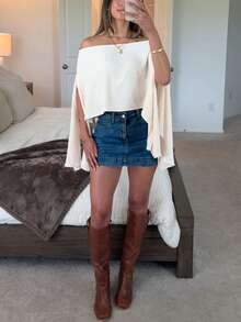 SMILE CHIC 2026 New Summer Off-Shoulder Slit Flowy Casual Cover-Up Top - Apricot - View 5