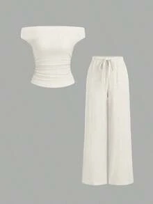 Conjunto Versátil de 2 Piezas para Mujer  Sweetro: Top de Color Sólido con Hombros Descubiertos y Pantalones Anchos Casuales con Cordón Ajustable - Beis - Ver 1