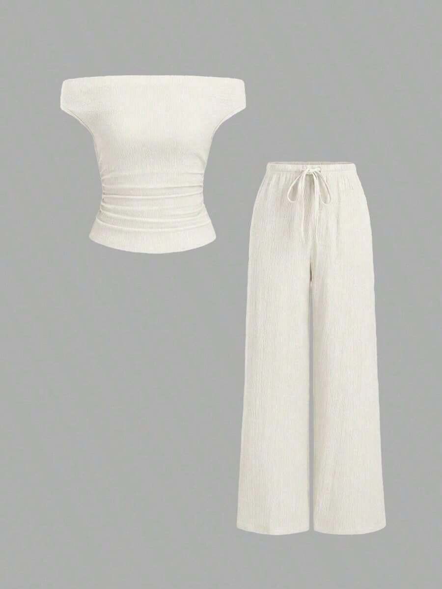 Conjunto Versátil de 2 Piezas para Mujer  Sweetro: Top de Color Sólido con Hombros Descubiertos y Pantalones Anchos Casuales con Cordón Ajustable - Beis - Ver 1