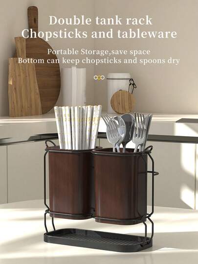 Kitchen Utensil Holder With Drain Tray,2 Compartment Cutlery Organizer,Rustproof Wood Grain Silverware Caddy For Forks,Spoons, Chopsticks Wood Grain Cutlery Holder With Drip Tray,Large Capacity Kitchen Utensil Caddy For Dining Room,RV,Party,Restaurant