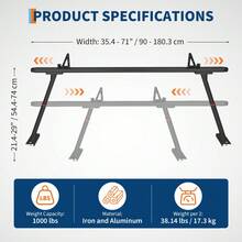Portaescaleras de camiones de aluminio de 800 lbs, ajustable 35.4-71 en sistema de carga de cama de recogida con soporte de perforación para madera, kayak, tabla de surf y equipo de trabajo - Negro - Ver 2