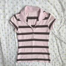 Top corto gótico Harajuku Y2K para mujer, camiseta informal ajustada a rayas con lazo de encaje y diseño de botones, ropa de calle elegante a la moda - Negro4 - Ver 5
