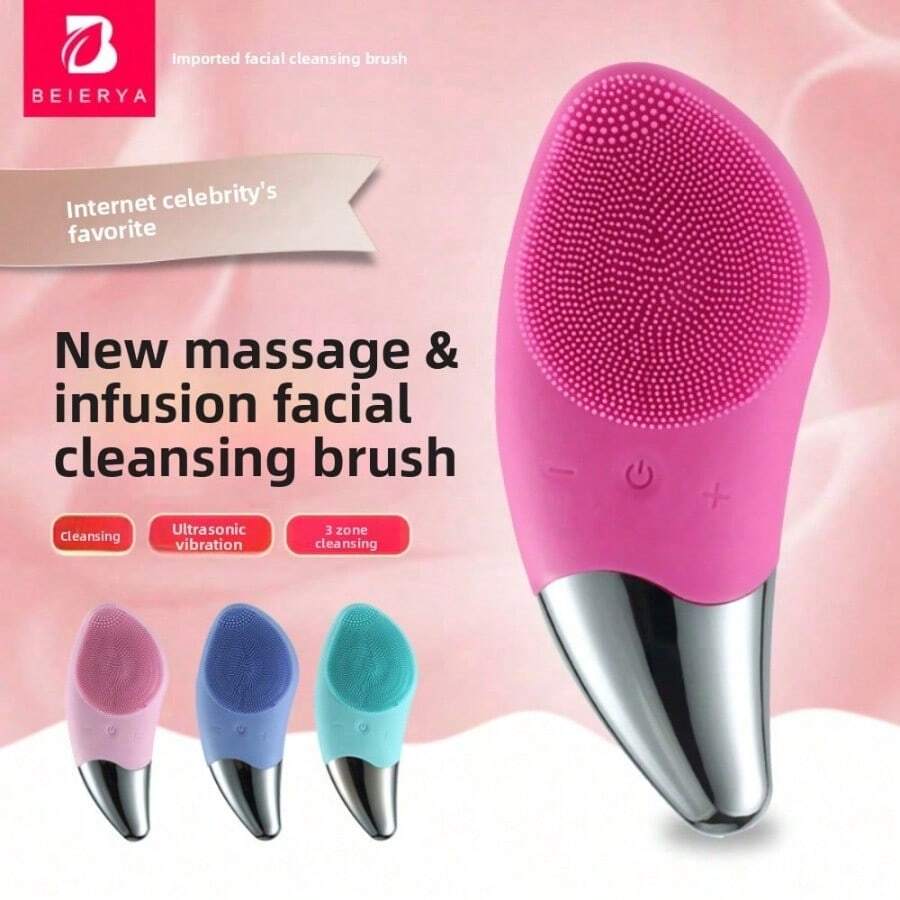 Rechargeable Waterproof Silicone Facial Cleansing Brush Ultrasonic Pore Deep Cleaner Mini Electric Face Scrubber Portable Home Travel Skin Care Self Care Gift For Women - BR1020 可充電紅色 - 查看 1