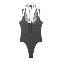 DEEKA Summer New Women's Fashion Sexy Contrast Lace Halter Bodysuit - Grey - View 3
