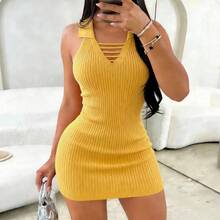 Vestido mini ajustado de punto acanalado elástico con aberturas, sin mangas, color amarillo mostaza, sexy, para fiesta o club, estilo cruzado, para mujer - Rojo - Ver 4