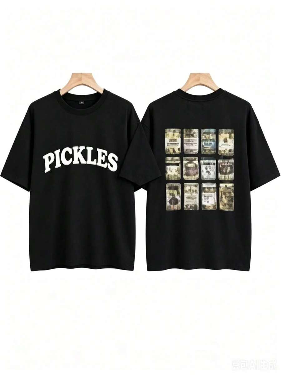 [Olive Green Sweatshirt] Soft Olive Green Crewneck Sweatshirt |     PICKLES Letter Print & Pickle Jar Graphic - Mid-Stretch Fabric, Machine Washable - 黑色2 - 查看 1