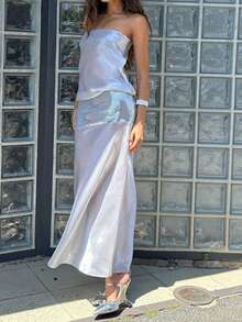 Fashionable Solid Color Creative Patchwork Sexy Sheer Strapless Bodycon Dress Wedding Party - Silver - View 3