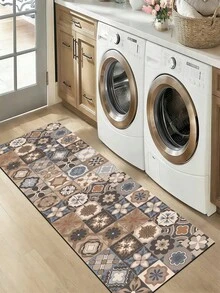 1 buah Keset Lantai Dapur Silika Gel Motif Kayu Vintage, Terinspirasi dari Desain Ubin Retro, Menampilkan Pola Bunga Geometris dalam Warna Cokelat, Abu-abu, Biru, dan Putih, dengan Tepi Trim Hitam, Cocok untuk Alur Lalu Lintas Dapur dan Dekorasi Anti-Selip, Menambahkan Suasana Vintage yang Nyaman ke Ruangan - MultiWarna - View 10
