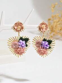 1 Pair Unique Beautiful Beach Style Sunflower & Heart Earrings, Elegant Design Floral Heart Drop Earrings Suitable For Women's Daily, Vacation, Party Wear - Pink - View 4