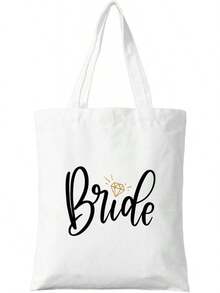 Canvas Tote Bag For Bride, Elegant Print, Reusable Shoulder Bag, Gift For The Bride-To-Be, Wedding Accessory - White - View 5