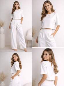 Women's Blouse And Wide-Leg Pants Set - White - View 1