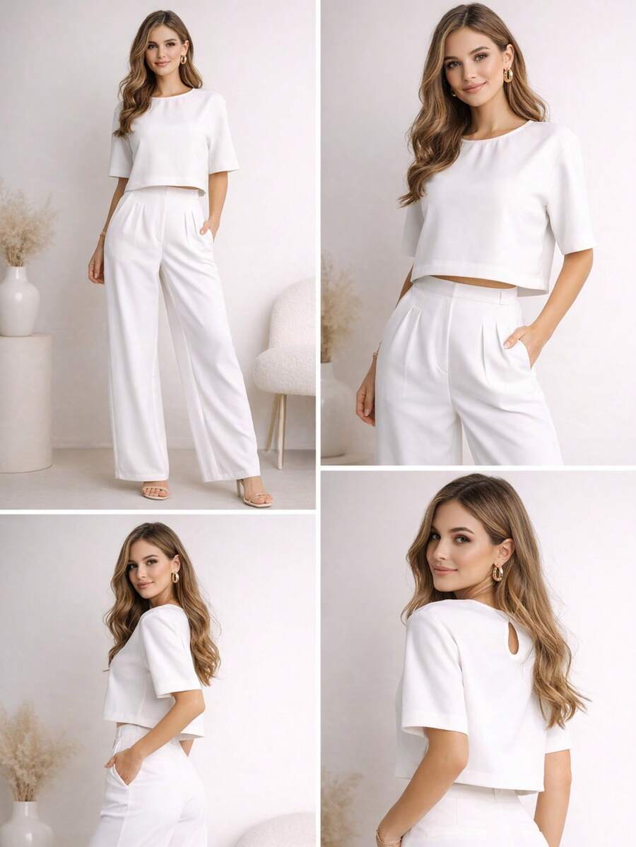 Women's Blouse And Wide-Leg Pants Set - White - View 1