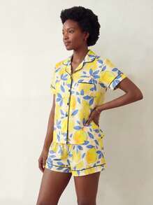Marira 2pcs Women Fruit Lemon Print Pajama Set, Collared Short Sleeve Top And Loose Shorts, Vacation Style, Holiday Party Sleepwear, Casual Women Pajamas And Loungewear - Yellow - View 6