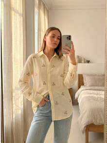 Women's Brown Floral Print Shirt - Relaxed Fit - Made In Turkey - Yellow - View 3