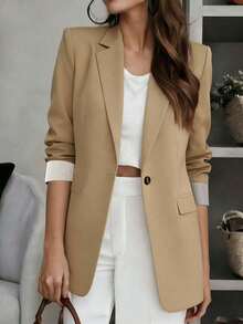 Women's Light Brown Blazer Jacket, With Lapel Collar And Pockets, Long Sleeve Regular Fit, Business Casual Style - Khaki - View 7