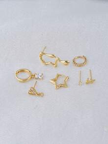 7件套星座耳环套装，女士款，镀金锆石耳骨钉，耳骨钉，耳廓钉，星形星座和抽象心形水滴耳钉，适合日常佩戴 - 金黃色 - 查看 6