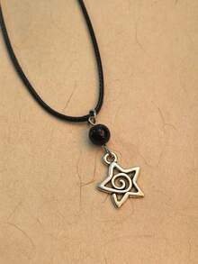 1pc Y2K Silver Spiral Star Pendant Necklace Suitable For Women Aesthetic Jewelry Gift - Silver + Black Beads - View 3