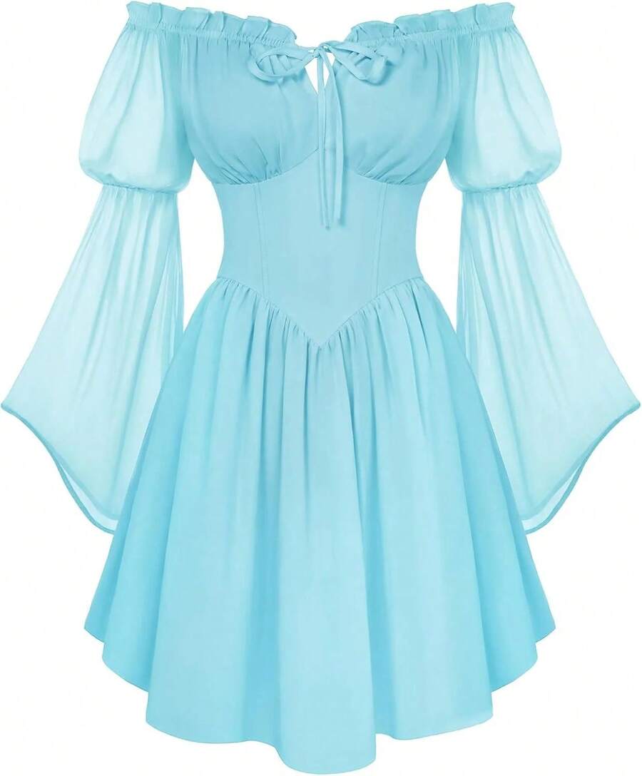 Vestido de Hada Renacentista para Mujer, Verano 2026, Estilo Boho, Hombros Descubiertos, Corsé Fluido, Vestidos Mini - Azul claro - Ver 1